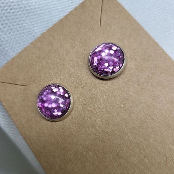 𝅺2 Pair Druzy Quartz Sparkly Glitter Earrings Green & Purple in Silver Setting - Picture 6 of 8